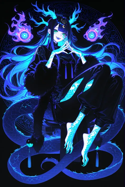 Girl is Azure dragon Lúng,she is hybrid of Eastern dragon. She has a sporty feminine bodybuilding. She has a pale skin covered with  navy blue and azure scales with Nazar pattern. She has red fire stripes tattoos on her face , and all over her body. Her li...