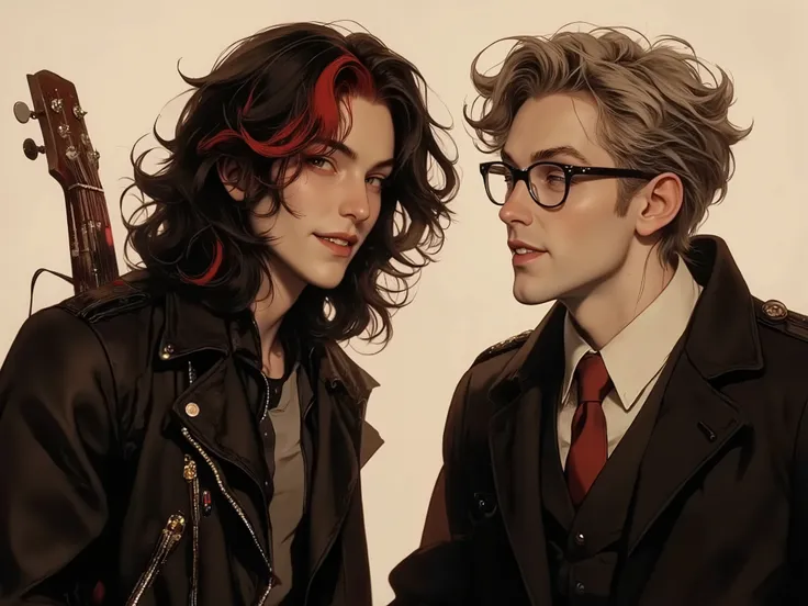 Tomboy date (23 years old, rocker, long black hair with red locks, leather jacket, guitar on his back) and nerd guy (25 years old, in glasses, tousled ash hair, tall and thin, in a jacket and tie), they are clearly in love and happy as hell, despite the su...