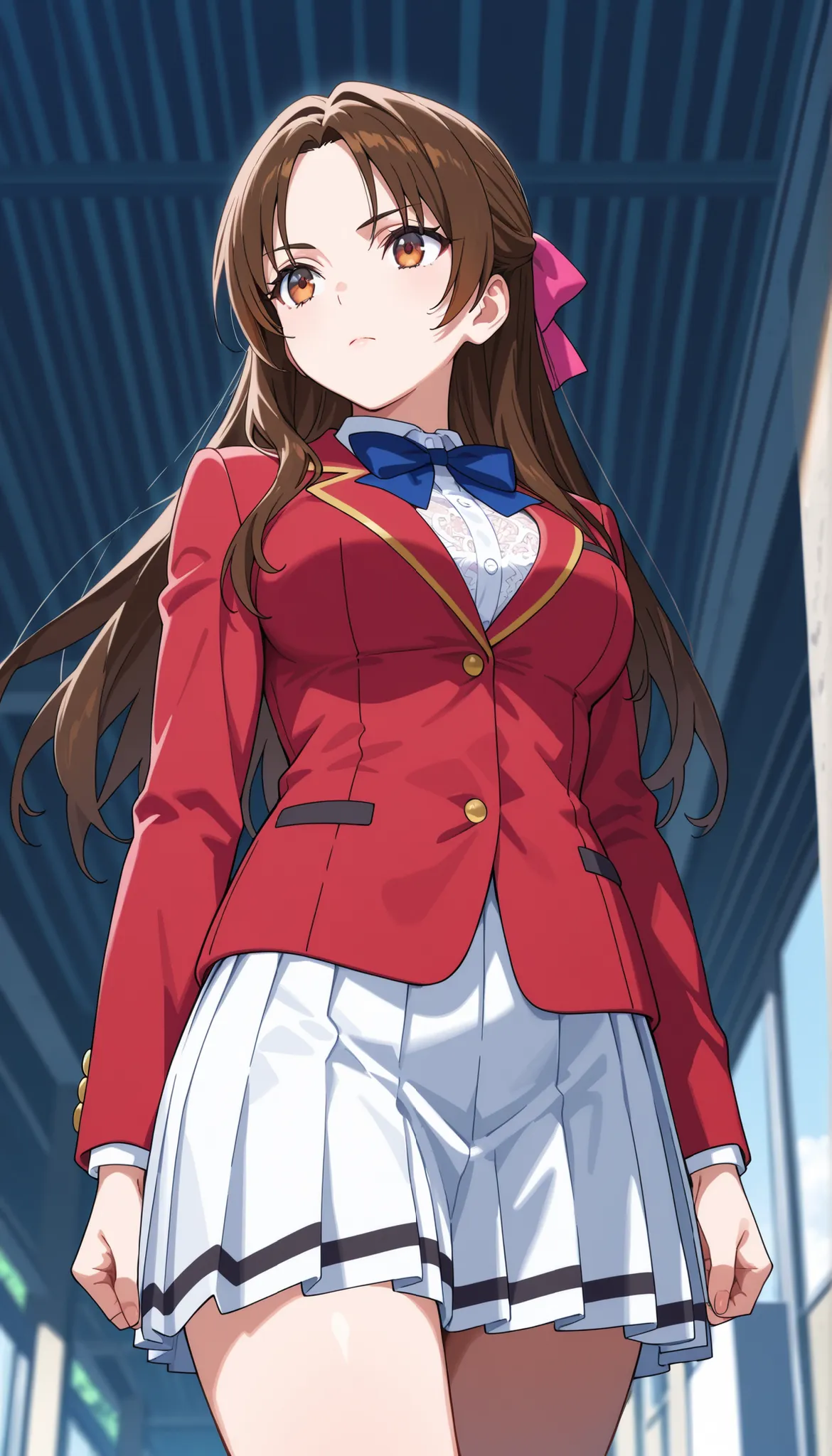  Masterpiece, hd, best quality, 1girl, kiyotaka_ayanokouji, long hair, hair bow, brown hair, medium breasts , forehead, parted bangs, school uniform, red blazer, blue bowtie , white lace shirt, white pleated skirt,thigh, standing, outdoor ,glossy lips,seri...