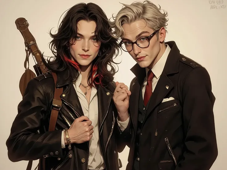Tomboy date (23 years old, rocker, long black hair with red locks, leather jacket, guitar on his back) and nerd guy (25 years old, in glasses, tousled ash hair, tall and thin, in a jacket and tie), they are clearly in love and happy as hell, despite the su...
