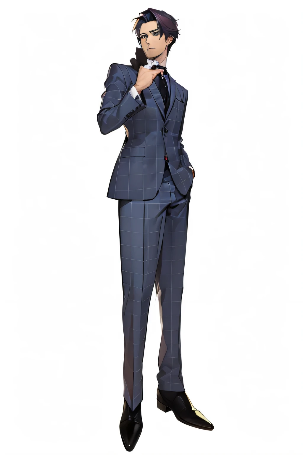 plaid suit、 male、30th Generation、 seems kind、Dark Purple Hair、handsome、Full Body、white background、masterpiece、top quality