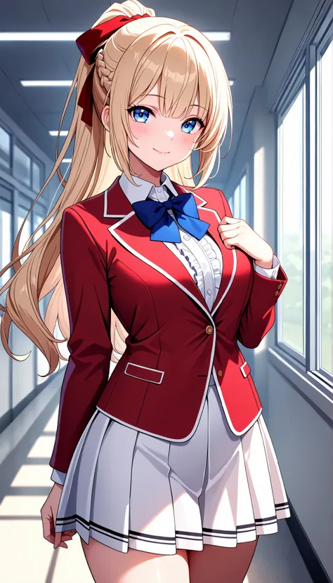  masterpiece, best quality, highres, ponytail hair, (single braid:1.2), hair ribbon, red blazer,buttoned blazer, blue bowtie, long sleeves, white skirt,frill shirt,thigh, standing in school corridor,form front, cowboy shot,glossy lips,smile,closed mouth 