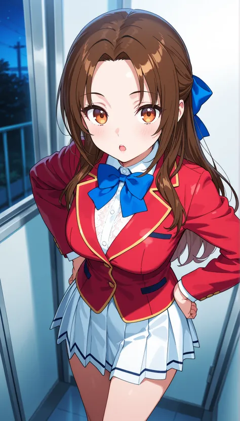  Masterpiece, hd, best quality, 1girl, kiyotaka_ayanokouji, long hair, hair bow, brown hair, medium breasts , forehead, parted bangs, school uniform, red blazer, blue bowtie , white lace shirt, white pleated skirt,thigh, standing, indoor ,glossy lips,open ...