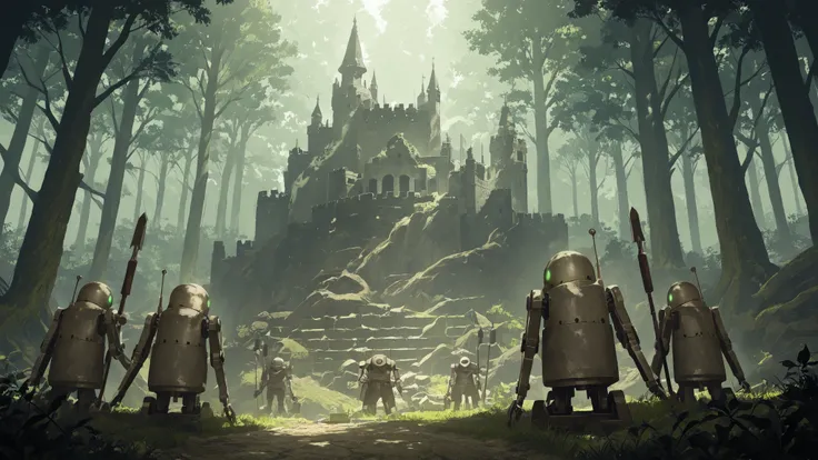 robot,machine, machine_lifeform, scenery, nierscene, a stone castle in a green forest, machine_lifeforms holding spears patrolling the parapets, epic, masterpiece