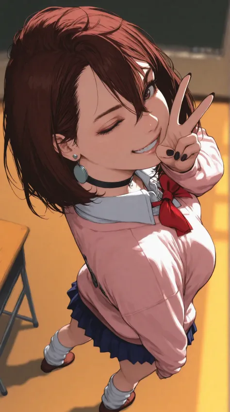 1girl, solo, momo ayase (dandadan),(v pose, hand at side of face, one eye closed, grin),brown hair, short hair, hair between eyes, asymmetrical bangs, brown eyes, earrings, black choker, school uniform, white collared shirt, pink sweater, long sleeves, red...
