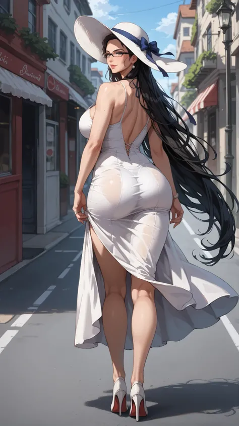 1 girl, solo, from back, (((mature woman))), ((((close up))), walking on street, (((outdoor))), detailed background, black hair,very long hair,glasses, grey eyes, mole under eye, big breasts, huge breasts, (((wedding ring))), white dress, sundress, white h...