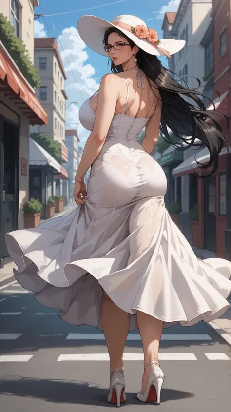 1 girl, solo, from back, (((mature woman))), ((((close up))), walking on street, (((outdoor))), detailed background, black hair,very long hair,glasses, grey eyes, mole under eye, big breasts, huge breasts, (((wedding ring))), white dress, sundress, white h...