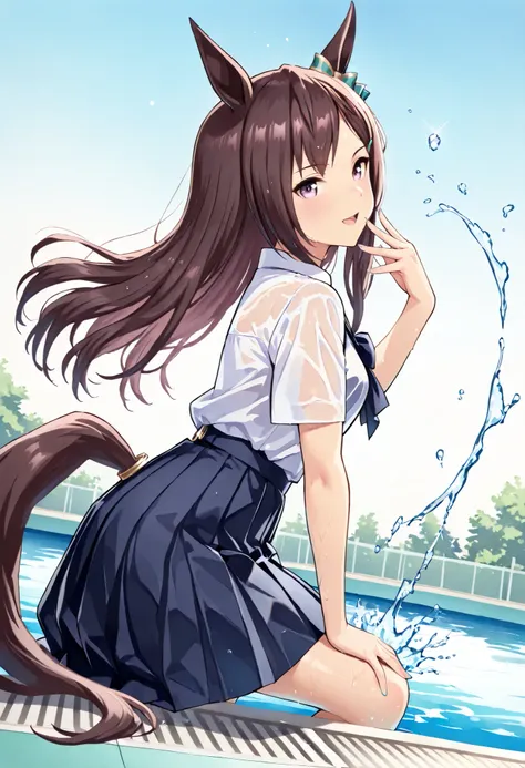 (masterpiece, best quality, perfect face:1.4), Vibrant colors, Ukiyo-e style, wide angle, mejiro dober \(umamusume\), 1girl, floating hair, horse ears, ear ornament, horse tail, tail on the lower back, proportional body, proportional, beautiful hair, beaut...