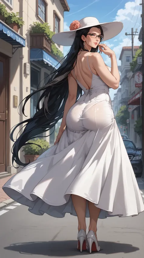 1 girl, solo, from back, (((mature woman))), ((((close up))), walking on street, (((outdoor))), detailed background, black hair,very long hair,glasses, grey eyes, mole under eye, big breasts, huge breasts, (((wedding ring))), white dress, sundress, white h...