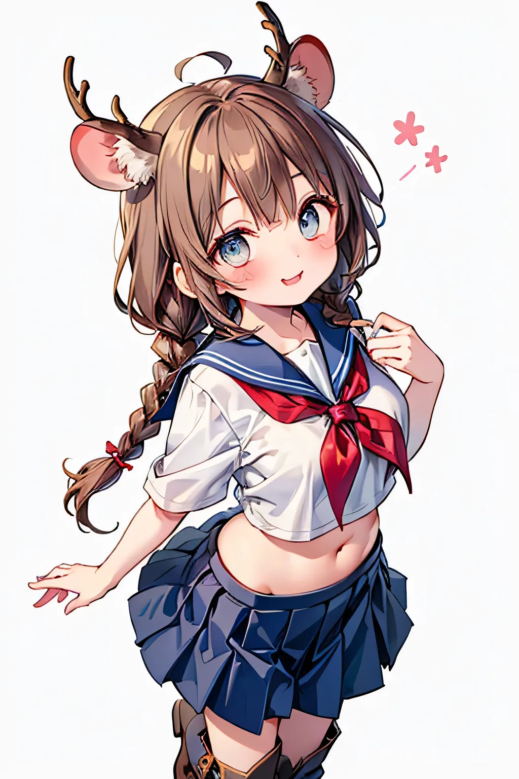 ((1 girl:1.3)),((cute girl:1.2)),((solo:1.1)),( braids:1.15),(Stupid hair:1.3),((brown hair:1.2)),((Pastel marble-colored eye:1.25)),((stunned expression:1.1)),plump breasts,skinny body,((SAILOR FASHION:1.2)),((不気味に光るeye :1.3)),((cropped sailor:1.1)),((Nav...