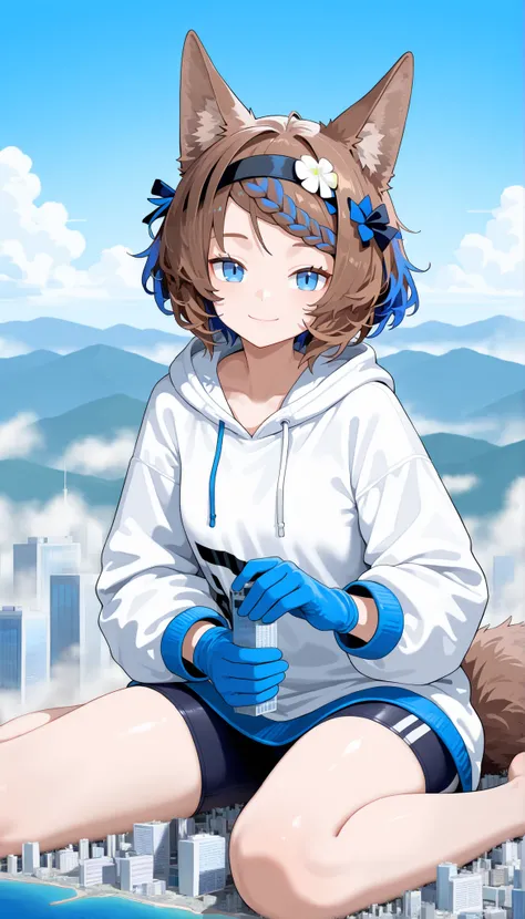1girl, aroma\\(arknights\\), drawstring, hoodie, long sleeves, looking at viewer, solo, very aesthetic, absurdres, light blue vinyl gloves, handjob, Hold the building, (giantess:1.2), microcity, white shirt, Woman Bigger Than a City, black spats, wariza, S...