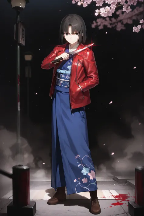 (One person,solo,shiki ryougi,short hair,parted bangs,black hair,black eyes),(blue kimono,sash,red leather jacket, Return Blood,brown boots in front of a row of cherry blossom trees),watching viewers,standing,((determined,close his mouth,hand in jacket poc...