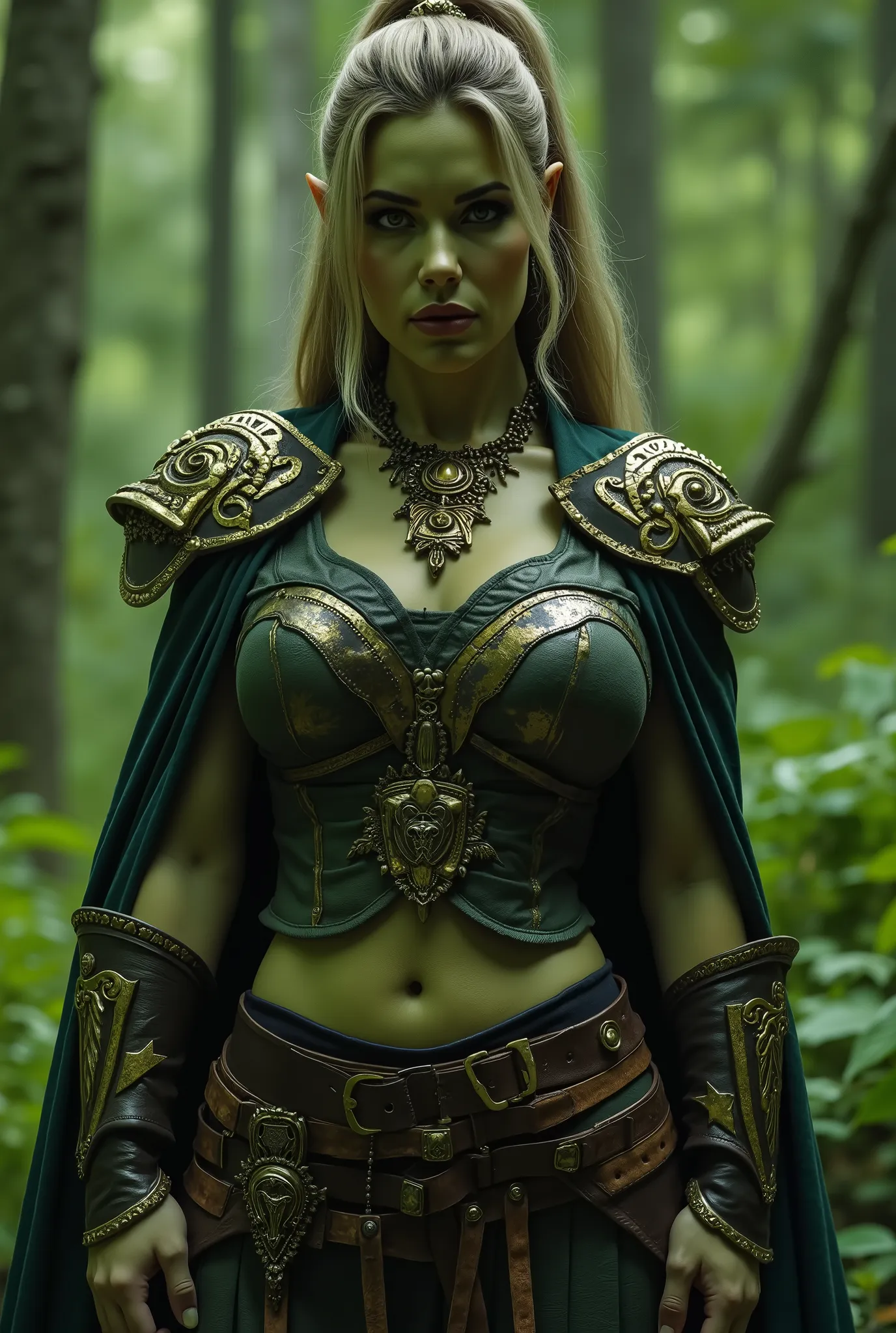 This image features a detailed, medium shot of a female orc character with a fantasy huntress aesthetic, set against a verdant forest background. She appears to have green skin, suggesting she might be an orc, though her features are distinctly human-like ...