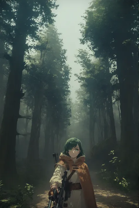 scenery,nierscene,KJOlily, green hair, green eyes, medium hair, swept bangs, in a forest, aiming a rifle