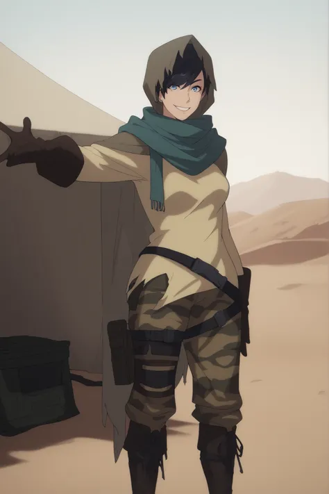 green scarf, hood, hooded cloak, cloak, hood up, torn clothes, black gloves, long sleeves, cape, camouflage pants, shirt, belt, thigh strap, cross-laced footwear, knee boots, holster,black hair, short hair, hair over one eye, blue eyes, medium breasts,jack...