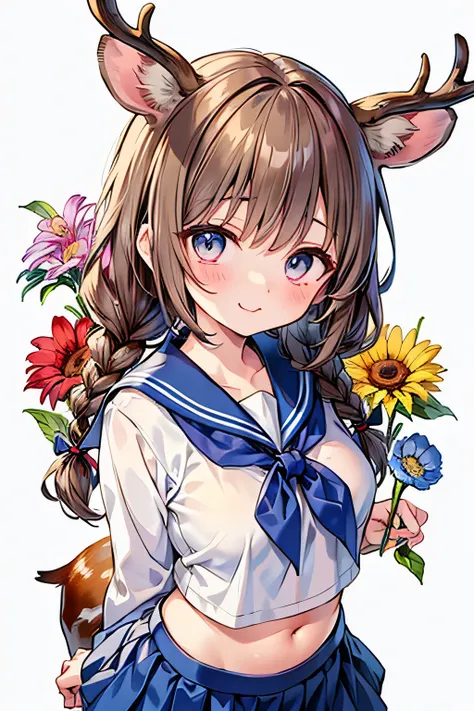 ((1 girl:1.3)),((cute girl:1.2)),((solo:1.1)),( braids:1.15),(Stupid hair:1.3),((brown hair:1.2)),((Pastel marble-colored eye:1.25)),((stunned expression:1.1)),plump breasts,skinny body,((SAILOR FASHION:1.2)),((不気味に光るeye :1.3)),((cropped sailor:1.1)),((Nav...