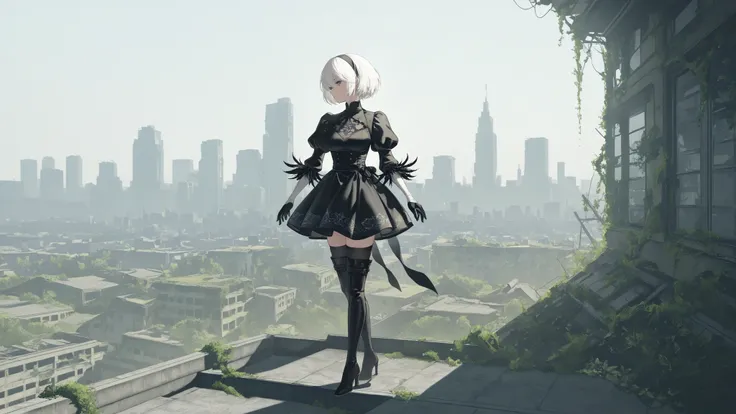 scenery, nierscene, a vast cityscape, half-collapsed buildings, overgrown with vegitation, 1girl, solo, YorHA_2B standing on a roof looking out at the cityscape, hairband, white hair, short hair, medium breasts, black dress, puffy sleeves, feather-trimmed ...