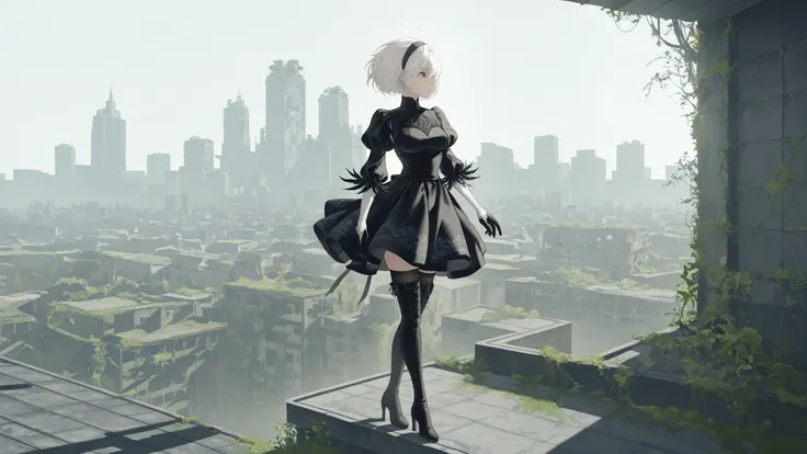 scenery, nierscene, a vast cityscape, half-collapsed buildings, overgrown with vegitation, 1girl, solo, YorHA_2B standing on a roof looking out at the cityscape, hairband, white hair, short hair, medium breasts, black dress, puffy sleeves, feather-trimmed ...