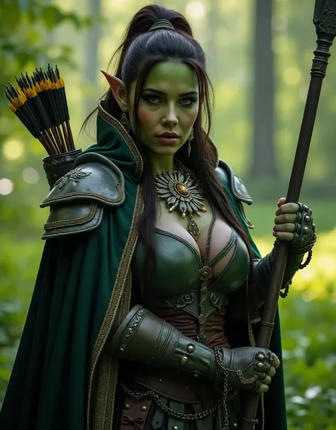 This image features a detailed, medium shot of a female orc character with a fantasy huntress aesthetic, set against a verdant forest background. She appears to have green skin, suggesting she might be an orc, though her features are distinctly human-like ...