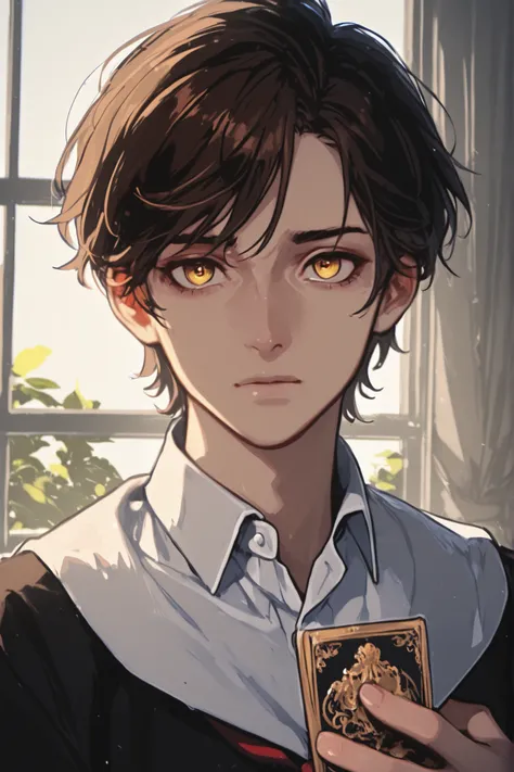Masterpiece high resolution excellent quality 8k, ultra photographic ultra realistic ultra photographic ultra photographic, boy ghost brown hair , yellow eyes , Black school uniform , pale with dark circles, Very detailed face, haggard face , wandering aro...