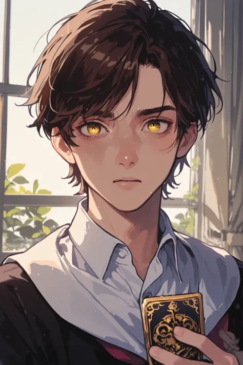 Masterpiece high resolution excellent quality 8k, ultra photographic ultra realistic ultra photographic ultra photographic, boy ghost brown hair , yellow eyes , Black school uniform , pale with dark circles, Very detailed face, haggard face , wandering aro...