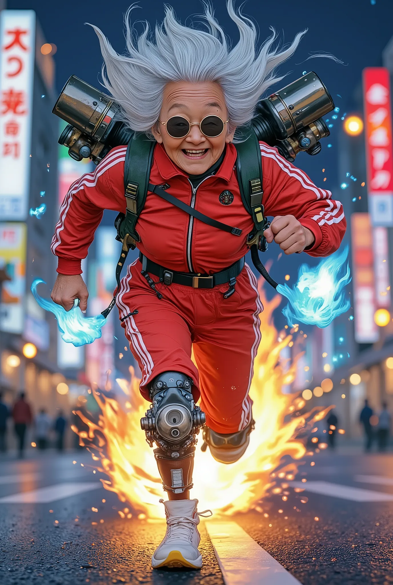 full body shot, a turbo-powered old Japanese woman sprinting at incredible speed through a neon-lit city street at night, wearing a red track suit with white stripes, wild silver hair flying back, glowing sneakers, mechanical knee braces with steam vents, ...