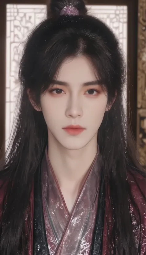 Young handsome teenager with long hair, traditional Chinese male hairstyle, wearing clothes of ancient Chinese dynasty, Elegant look . handsome look, Dark eyebrows , Sharp, prominent nose.