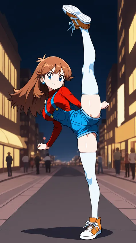 adult older sister, Tall, big breasts, high kick, Kick the viewer, bare hands, red long sleeve shirt, blue overalls denim overalls, White Knee High Stockings, Absolute region, thighs, orange sneakers with hee-cups, ((top quality)), ((masterpiece)), ((detai...