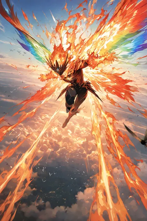 masterpiece, best quality,1 fire bird,best quality,heroic pose,dynamic angle,dynamic sky background,with epic fire effect, high angle shot,like CCTV footage,light burst of effects radiating from the center, outward flow of magic or particles, dynamic spre...