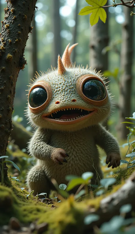 live-action、real、8K、HDR、In the woods、A cute monster of a strange breed lives