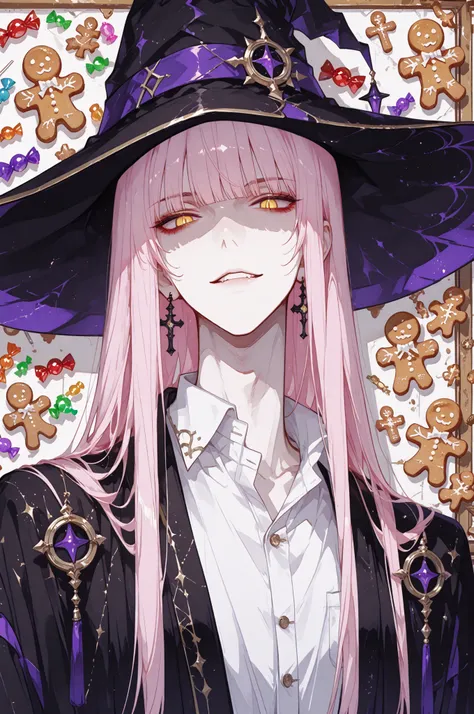 masterpiece, best quality, ultra-detailed, 2D anime, close-up
handsome man, male, 28 years old, slender build, light pink hair and eyes, silky straight hair, blunt bangs, sharp jawline, wearing a large wizard hat and black robe over a stand collar white dr...