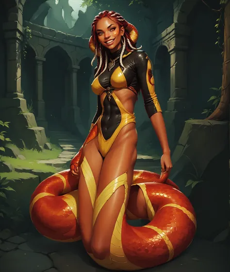 Humanoid snake with scales. Beautiful anthro snake-girl. Slender red and yellow-striped naga body. Yellow/black/orange/red snake-skin. Cute 18-year-old Mongol Naga/Lamia-girl with red slanted eyes and cobra-hood and unnaturally sharp teeth and black dreadl...