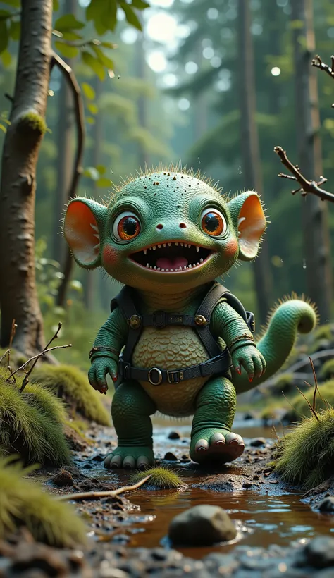 live-action、real、8K、HDR、In the woods、A cute monster of a strange breed lives