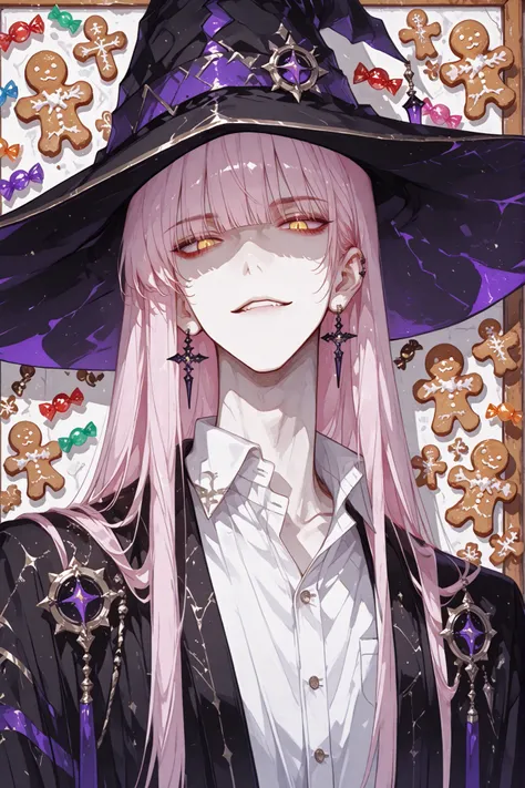 masterpiece, best quality, ultra-detailed, 2D anime, close-up
handsome man, male, 28 years old, slender build, light pink hair and eyes, silky straight hair, blunt bangs, sharp jawline, wearing a large wizard hat and black robe over a stand collar white dr...