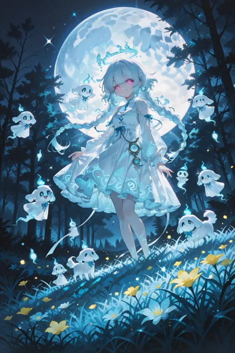 Dynamic lighting. Concept:
A spirit girl happily plays with a ghost dog, surrounded by smiling little ghosts in an enchanted field. All in light blue tones, ethereal and filled with light.

Characters:
A ghost girl, small breasts, erect nipples, floating slightly, with large bright pink eyes, long, wavy white hair in braids, a silver to blue gradient hair, and a short, luminous white dress that turns into mist at the edges.

A chibi ghost dog with floppy ears and a light blue glittery body.

Floating sheet-style ghosts with happy faces surround the girl.

Action/Interaction:
The girl is playing with the ghost dog, petting it, while the little ghosts watch and float around her.

Background:
A nighttime field covered in light mist, with blue and yellow flowers glowing in the dark, trees in the background, and a large full moon in the sky.

Visual Details:
Floating particles, sparkles, magical halos, the edges of the dress and grass melting into light. All in a soft and enchanting aesthetic.

Lighting and Atmosphere:
Cool tones, primarily light blue, with bluish-white moonlight. All bathed in a ghostly, tender glow.

Style:
Highly detailed anime, ethereal, and magical style, with a focus on tenderness, lighting, and emotional expression.