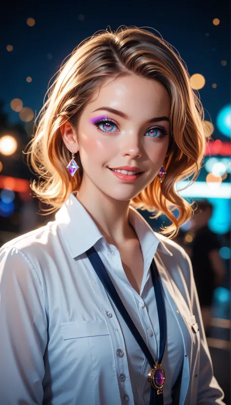 masterpiece, best quality, 8k, 15yo, teen, raw photo, absurdres, award winning portrait, solo, night, neon, idol face, violaceaess, gardeniass, delicate girl, upper body, DSLR, looking at viewer, candid, sophisticated, youthful, thin arms, professional lig...