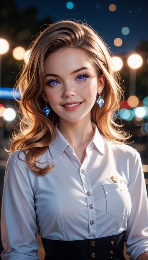 masterpiece, best quality, 8k, 15yo, teen, raw photo, absurdres, award winning portrait, solo, night, neon, idol face, violaceaess, gardeniass, delicate girl, upper body, DSLR, looking at viewer, candid, sophisticated, youthful, thin arms, professional lig...