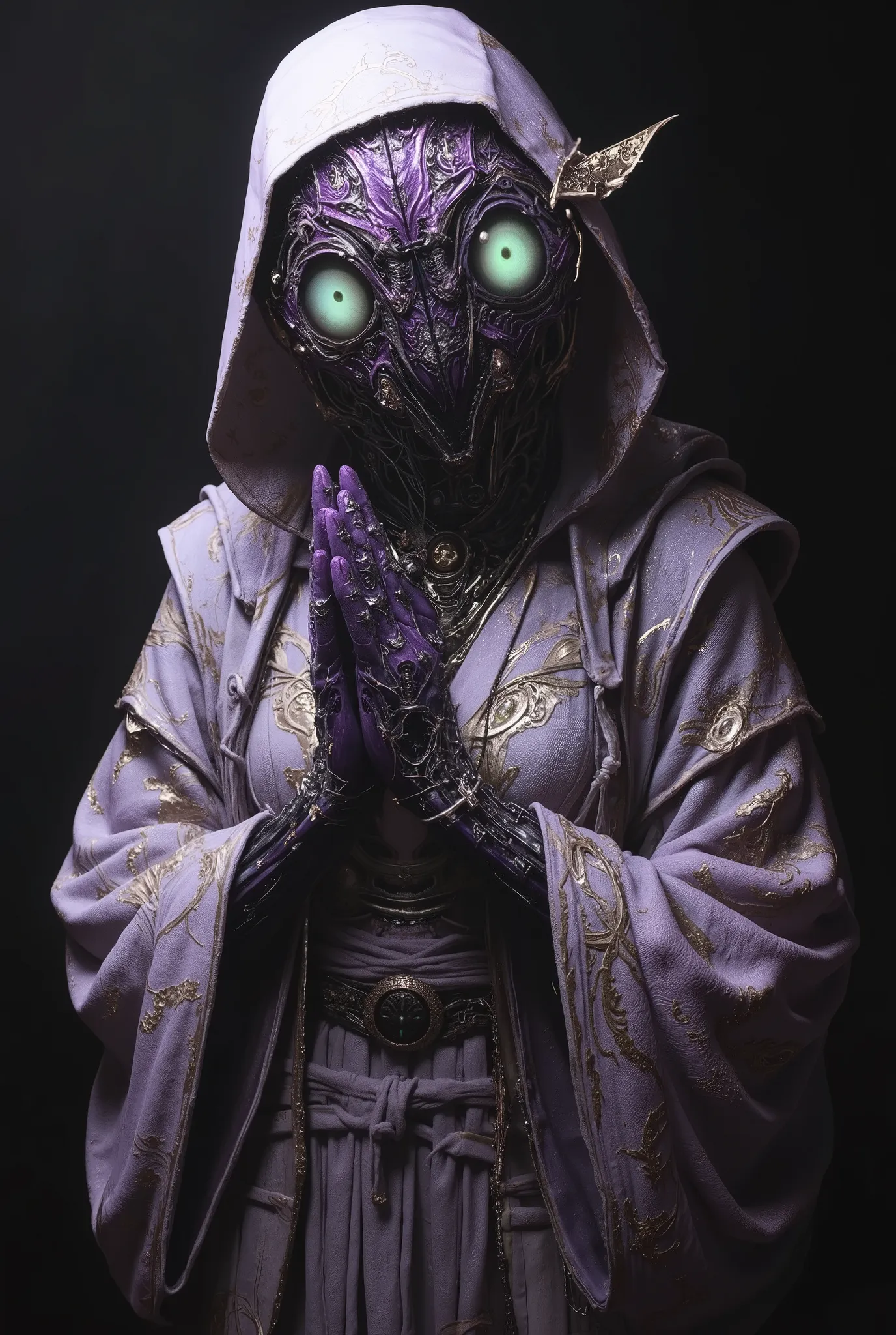 mysterious female humanoid creature with glowing green eyes embedded in its purple armor, her hands are clasped together as if in prayer, elegant futuristic kimono with gold accents, monochrome color scheme, dramatic studio lighting, ultra detailed, by H. ...