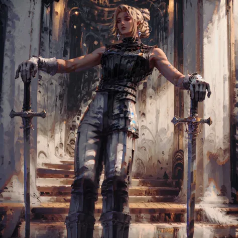 artist: wlop, masterpiece, best quality, illustration,( a young vampire with tan pale skin), medium length blonde hair , sideparted front hair and braided bun, blue eyes, detailed face, wearing form fitting gray and white outfit, wearing leather outfit in ...