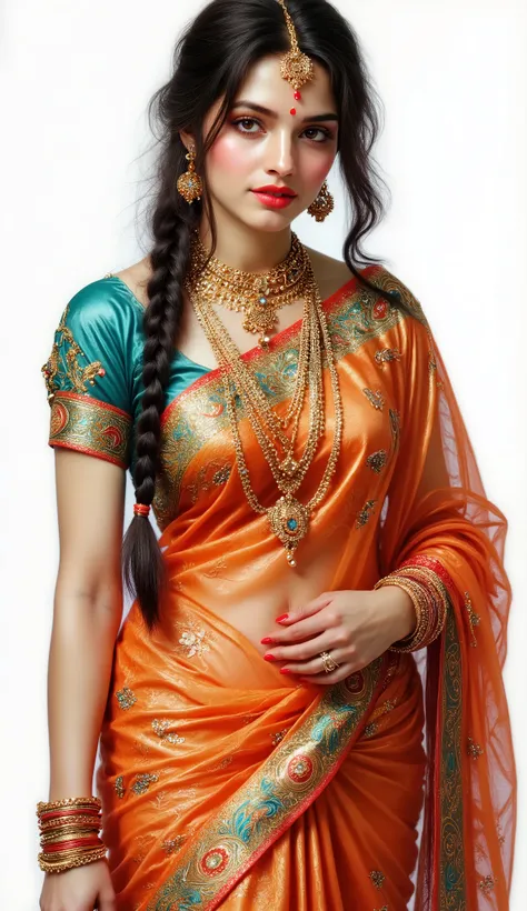   elegant young beautiful indian woman, traditional silk saree, vibrant red peach blue patterns, long hair braid, white background, rich borders, detailed face, gracefulhigh quality, elegant indian woman, traditional silk saree, vibrant red peach blue patt...