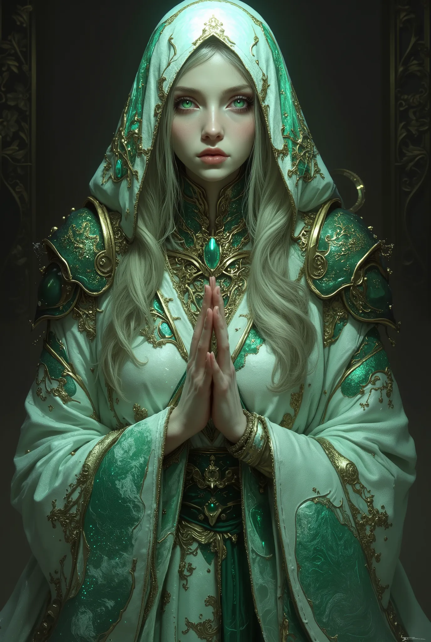 mysterious and beautiful female humanoid creature with glowing green eyes embedded in its iridescent armor, her hands are clasped together as if in prayer, elegant futuristic kimono with gold accents, monochrome color scheme, dramatic studio lighting, ultr...