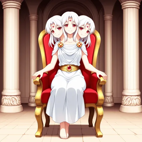 three heads, anime girl with three heads, sitting in a chair, white hair, different hairstyles, red eyes, greek clothes, smiling, relaxed, room in a greek temple