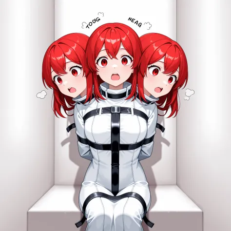 three heads, anime girl with three heads, vacant expressions, open mouth, babbling nonsense, straitjacket, arms behind back, sitting in a corner in an empty white room, text: "I have no head."