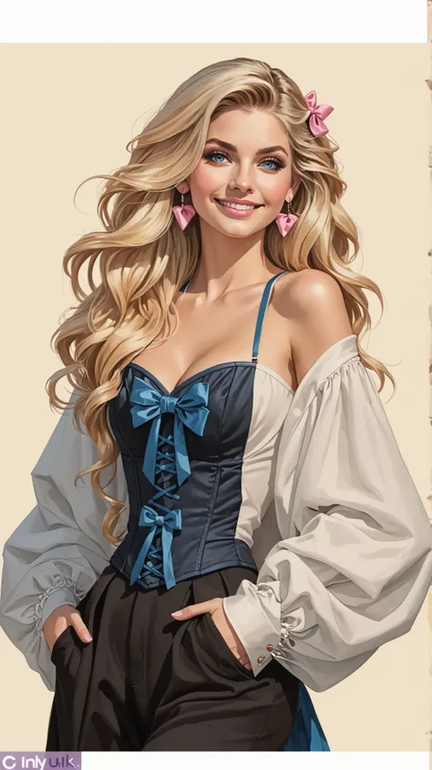 bandes dessinées , Marina Laswick smiling very very beautiful very sexy, beautiful blue eyes, very beautiful mini corset very sexy white crop-top very low cut tied under the chest with a pink bow, beautiful generous round breasts very beautiful very genero...