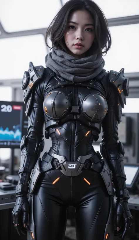 ultra-realistic, photorealistic, dramatic scene, shadow, global-illumination, solo, perfect anatomy, perfect fingers, (young Japanese famous idol girl but cyborg), very beautiful with very cute face, detailed face skin texture, her body is under modifying ...