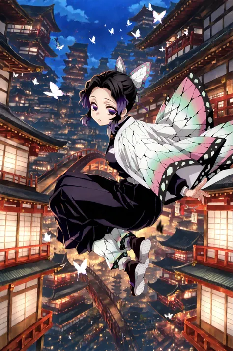 (kochou shinobu,hair ornament, butterfly hair ornament, purple eyes, short hair, black hair, purple hair, multicolored hair、solo:1.2)、(best quality, masterpiece:1.2)、(whole body、full body:1.2),32k,masterpiece,hi quality,detailed, master piece,best quality,...