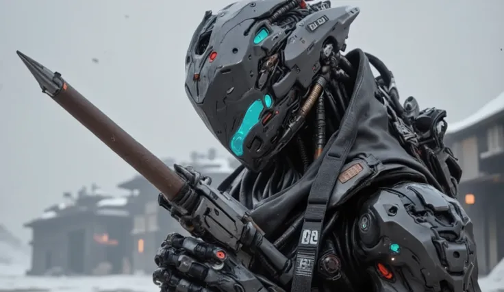 Recypu style , cyberpunk high definition, high res pictures. Futuristic,   The overall mood is intense and futuristic  ,  desolate snowy plain.   The subject's head 、with hints of dark gray and silver , flat metal helmet covering the face, gives an ominous...