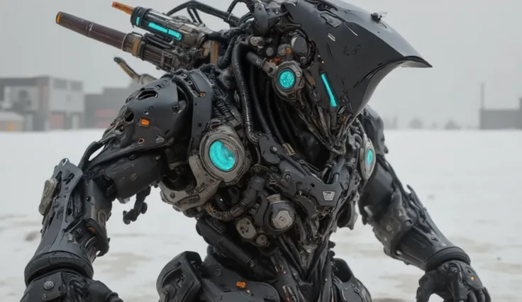 Recypu style , cyberpunk high definition, high res pictures. Futuristic,   The overall mood is intense and futuristic  ,  desolate snowy plain.   The subject's head 、with hints of dark gray and silver , flat metal helmet covering the face, gives an ominous...