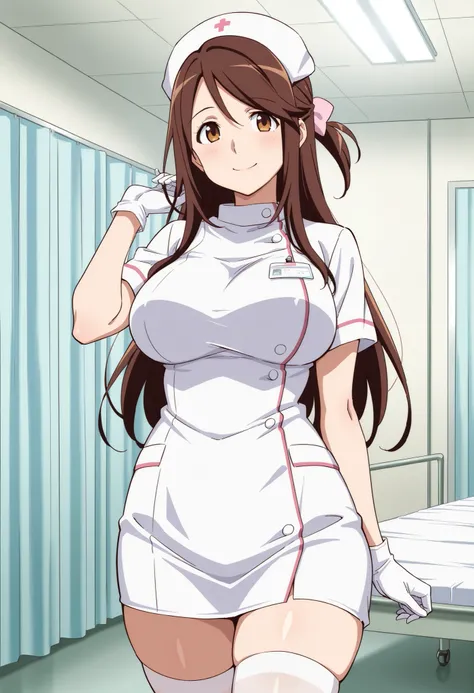 Score_9, score_8_up, score_7_up, source_anime, iida nana, solo, brown hair, long hair, one side up, hair bow, pink bow, brown eyes, large breasts, wide hips, mature female, (best quality), (high quality), {masterpiece}, extremely delicate and beautiful, ul...