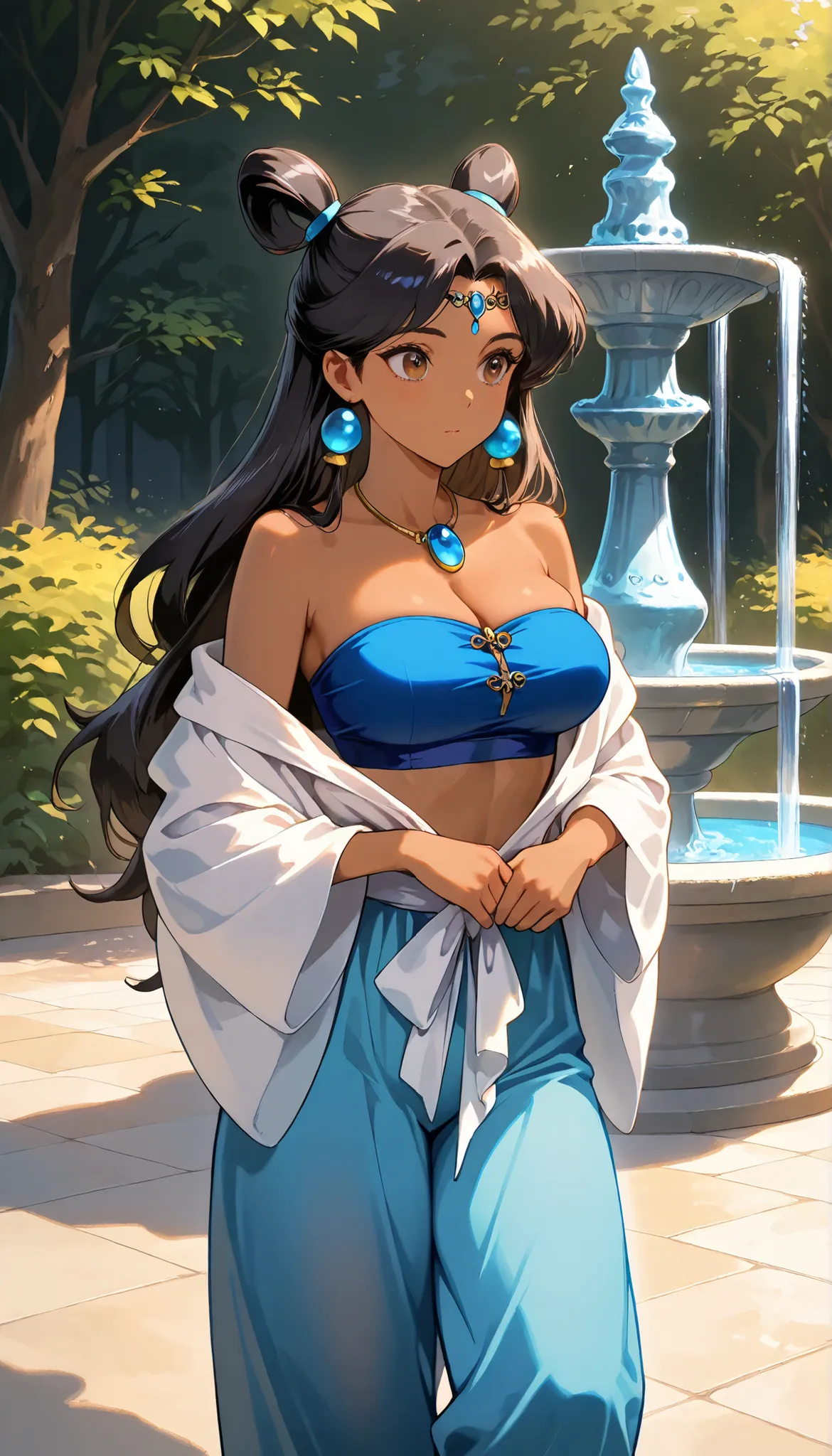 high resolution, High precision in selection, 1girl, jasmine, Dark skin, black hair, brown eyes, blue tube top, off shoulder, blue ring , blue harem pants, Multiple Knot Hair , very large breasts (F90), Standing sensually, looking shyly at the observer, Or...